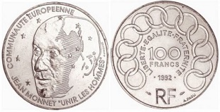 100 francs argent 1992 Jean Monnet, cotation